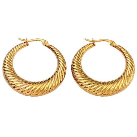 24k Gold Plated Swirl Line Graduated Hoop Pierced Post Earrings Graduated Band - Picture 2 of 10